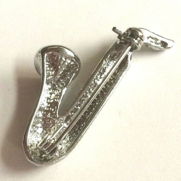 Silver Crystal Saxophone Brooch Pin Sax Jazz Musician Music Teacher Gift Plated - Picture 5 of 7